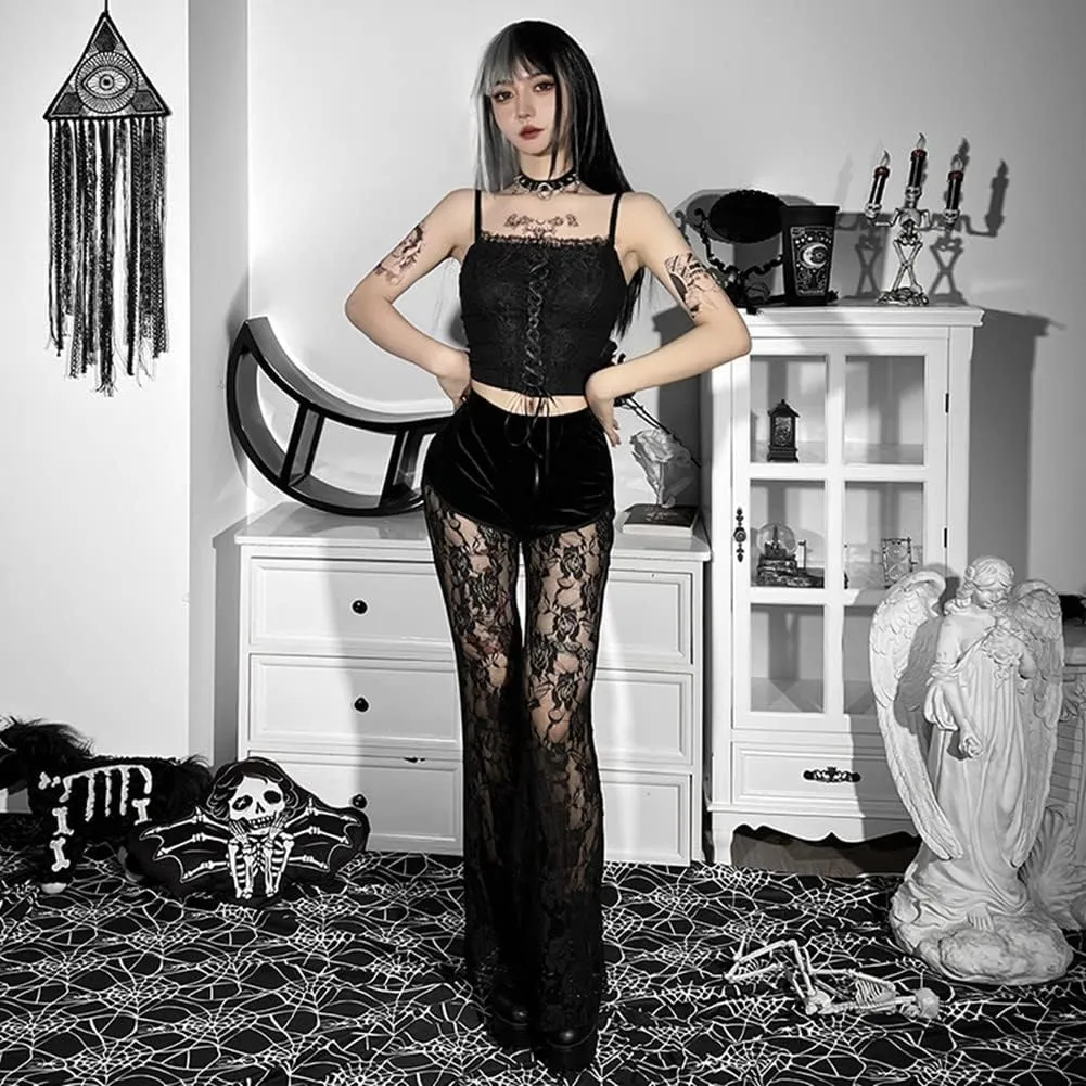 Women Goth Velvet Flare Pants Hollow Out Lace High Waist Bell Bottom Trousers