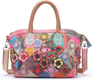 Women Handbags Genuine Leather Tote Bag 3D-Flower Shoulder Bag Multicolor Splice Totes Satchel Purse, One Color, One Size