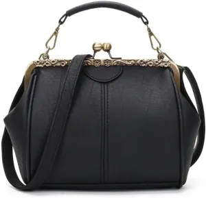 Women Handbags Shoulder Bags, Satchel Tote Bag, Vintage Luxury Shoulder Bags For Women Clip Handbag Totes Retro Pu Leather Crossbody Messenger Bag Lady Clutch (Color : Black, Size : 23x10x18cm)