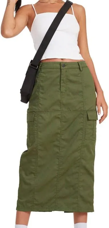 Women Y2k Cargo Long Skirt Baggy Drawstring Skirt Ruched Midi Skirt with Pocket E-Girl Vintage Harajuku Streetwear