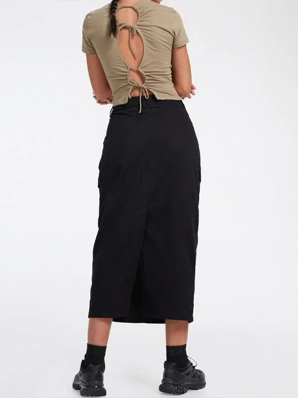 Women Y2k Cargo Long Skirt Baggy Drawstring Skirt Ruched Midi Skirt with Pocket E-Girl Vintage Harajuku Streetwear