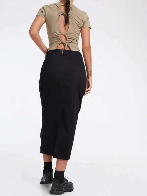Women Y2k Cargo Long Skirt Baggy Drawstring Skirt Ruched Midi Skirt with Pocket E-Girl Vintage Harajuku Streetwear
