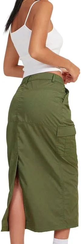 Women Y2k Cargo Long Skirt Baggy Drawstring Skirt Ruched Midi Skirt with Pocket E-Girl Vintage Harajuku Streetwear