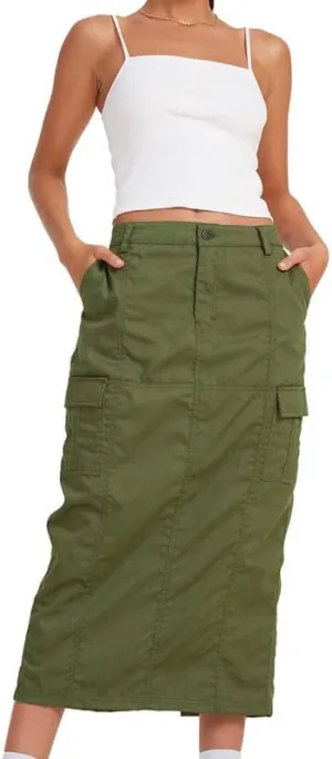 Women Y2k Cargo Long Skirt Baggy Drawstring Skirt Ruched Midi Skirt with Pocket E-Girl Vintage Harajuku Streetwear