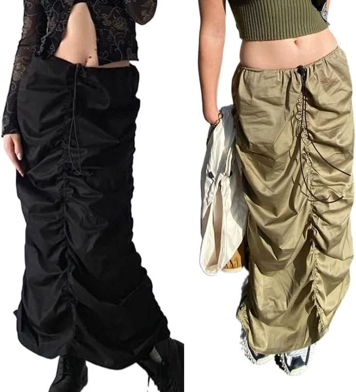 Women Y2k Cargo Long Skirt Baggy Drawstring Skirt Ruched Midi Skirt with Pocket E-Girl Vintage Harajuku Streetwear