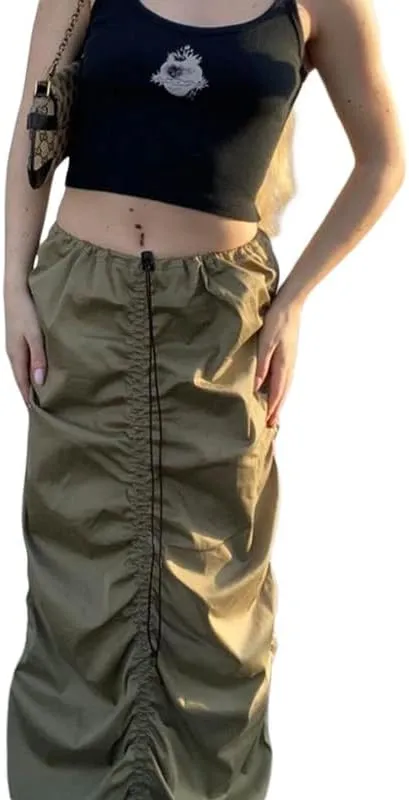 Women Y2k Cargo Long Skirt Baggy Drawstring Skirt Ruched Midi Skirt with Pocket E-Girl Vintage Harajuku Streetwear