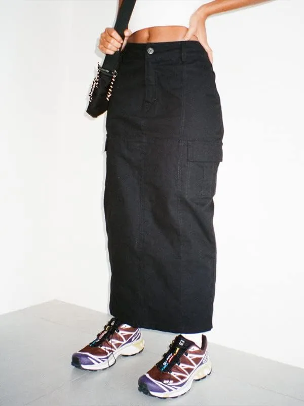 Women Y2k Cargo Long Skirt Baggy Drawstring Skirt Ruched Midi Skirt with Pocket E-Girl Vintage Harajuku Streetwear