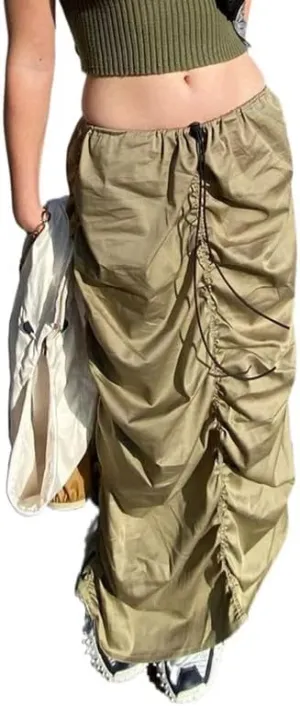 Women Y2k Cargo Long Skirt Baggy Drawstring Skirt Ruched Midi Skirt with Pocket E-Girl Vintage Harajuku Streetwear