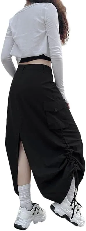 Women Y2k Cargo Long Skirt Baggy Drawstring Skirt Ruched Midi Skirt with Pocket E-Girl Vintage Harajuku Streetwear
