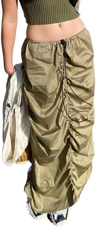 Women Y2k Cargo Long Skirt Baggy Drawstring Skirt Ruched Midi Skirt with Pocket E-Girl Vintage Harajuku Streetwear