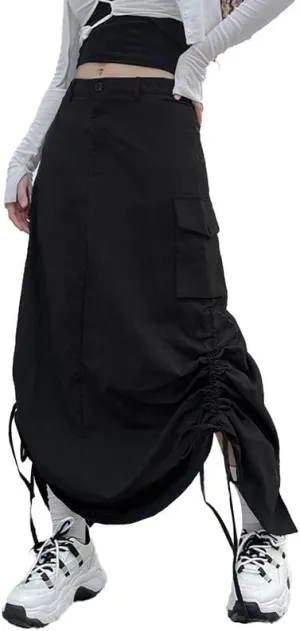 Women Y2k Cargo Long Skirt Baggy Drawstring Skirt Ruched Midi Skirt with Pocket E-Girl Vintage Harajuku Streetwear