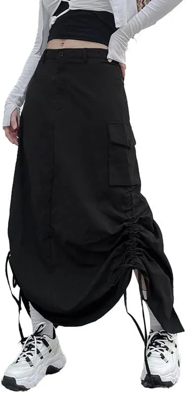 Women Y2k Cargo Long Skirt Baggy Drawstring Skirt Ruched Midi Skirt with Pocket E-Girl Vintage Harajuku Streetwear