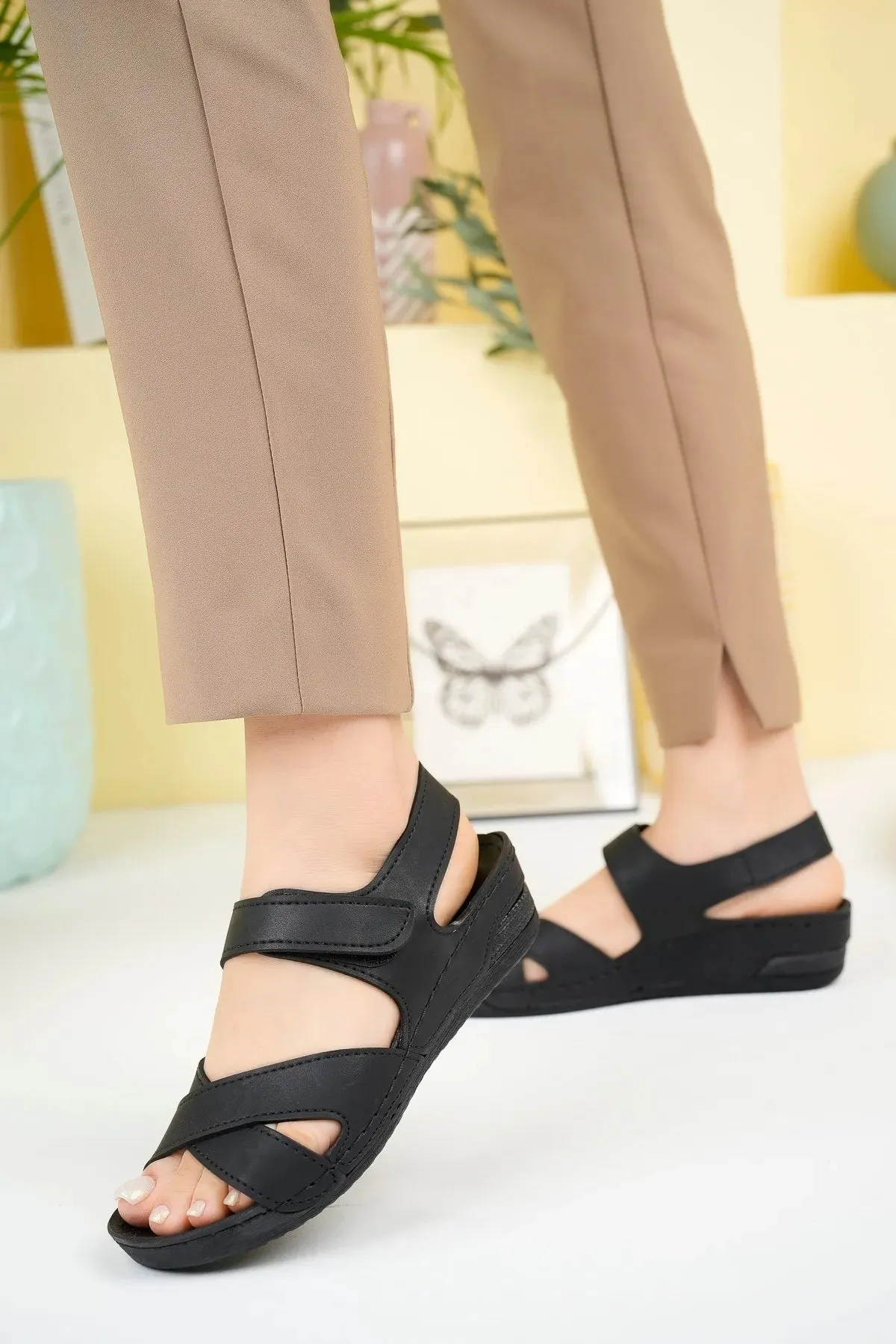 Women's Black Velcro Orthopedic Comfortable Sandal