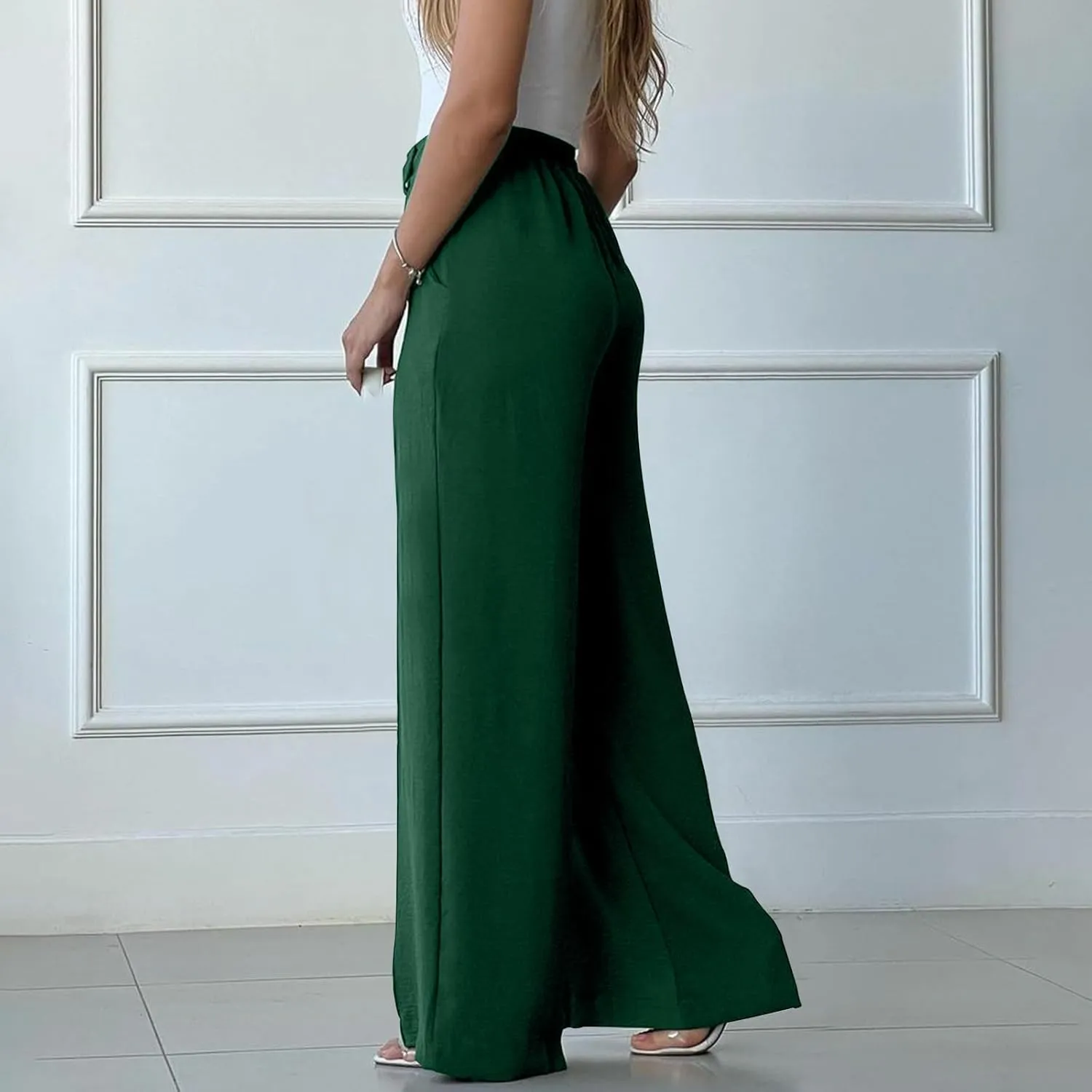 Womens Causal Loose Lounge Pants Elastic High Waisted Flowy Trousers Wide Leg Long Palazzo Pants with Pockets