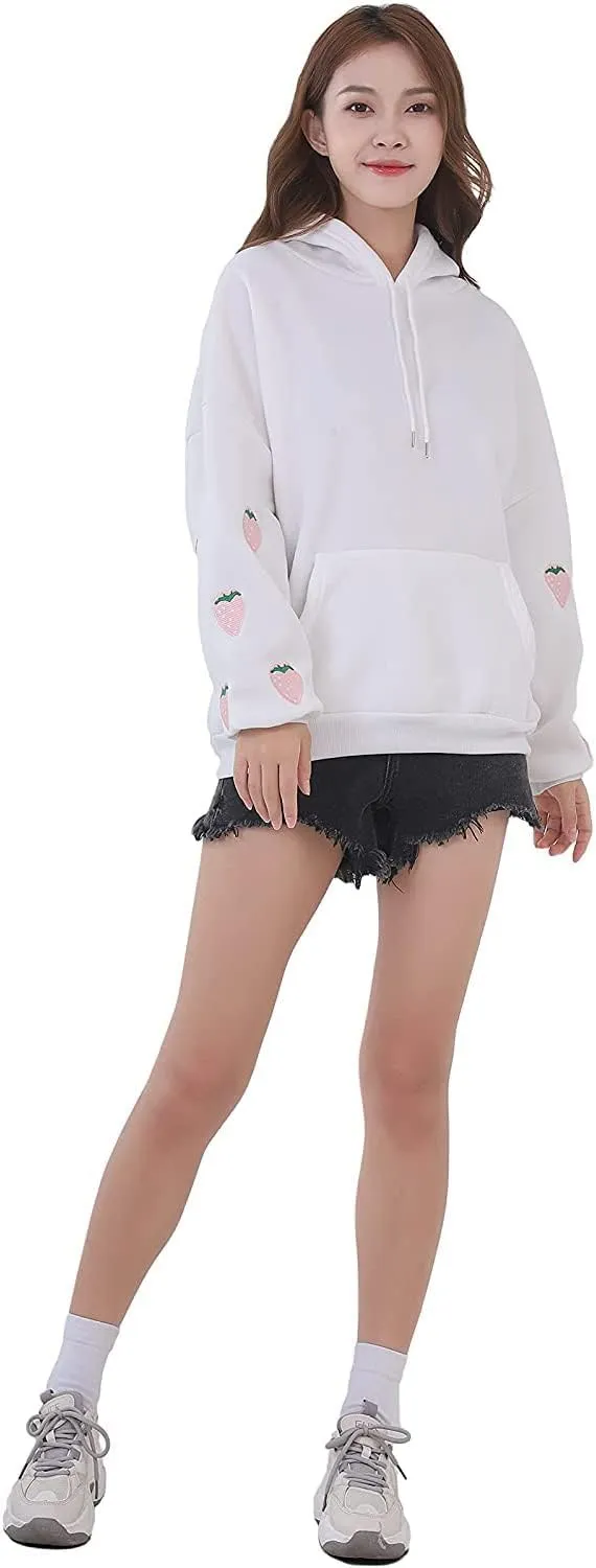 Womens Fashion Hoodies Strawberry Embroidery Trendy Hoodies Pullover Fall Winter Oversized Sweatshirt