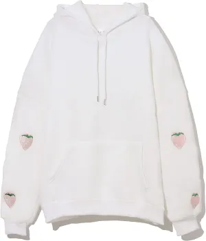 Womens Fashion Hoodies Strawberry Embroidery Trendy Hoodies Pullover Fall Winter Oversized Sweatshirt
