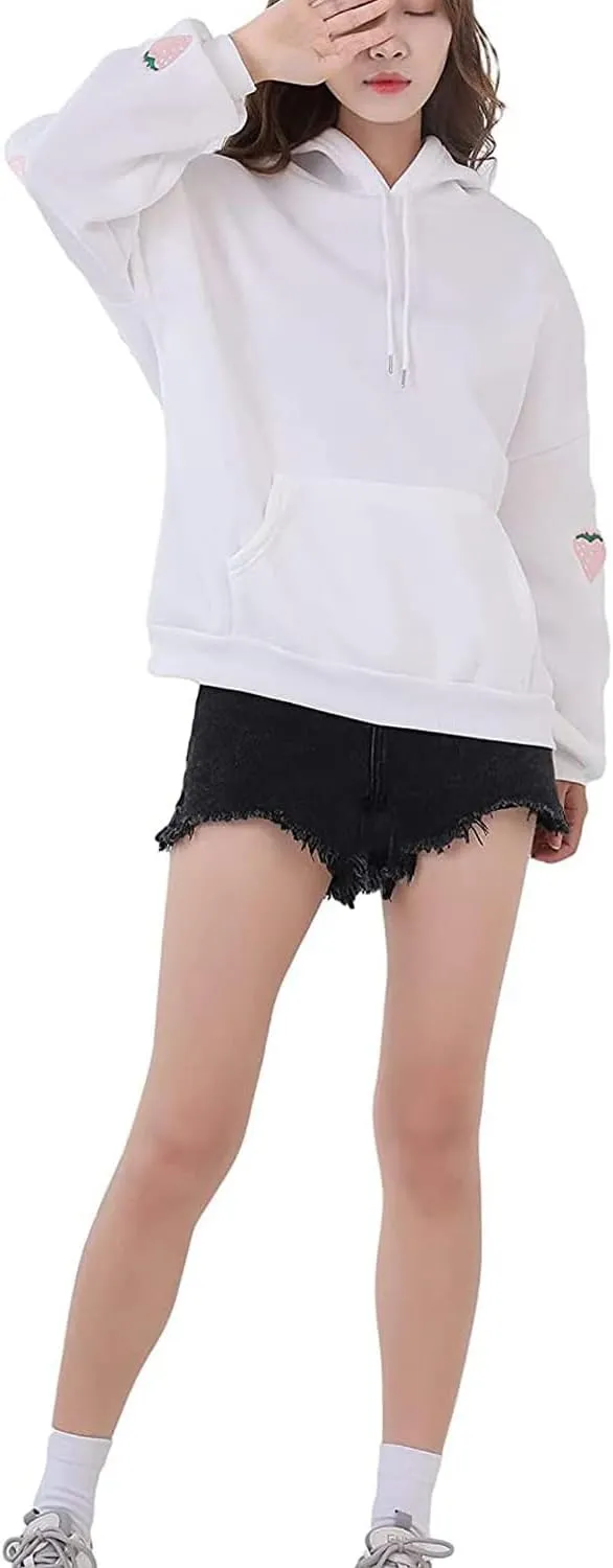Womens Fashion Hoodies Strawberry Embroidery Trendy Hoodies Pullover Fall Winter Oversized Sweatshirt