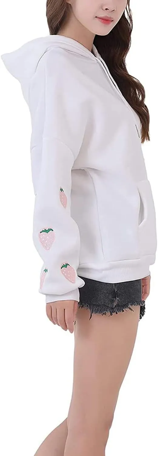 Womens Fashion Hoodies Strawberry Embroidery Trendy Hoodies Pullover Fall Winter Oversized Sweatshirt