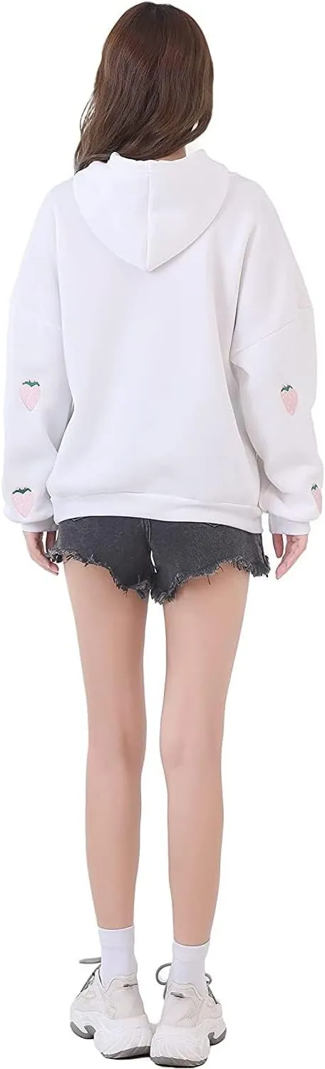 Womens Fashion Hoodies Strawberry Embroidery Trendy Hoodies Pullover Fall Winter Oversized Sweatshirt