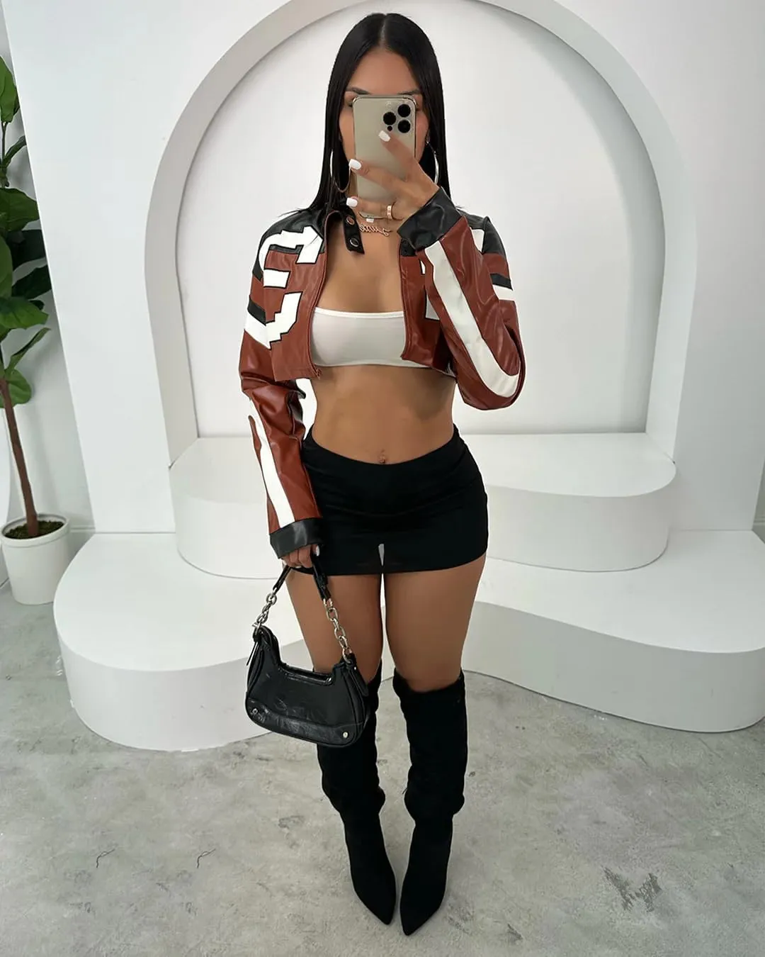 Women's Faux Leather Cropped Motorcycle Jacket Y2K Letter Bomber Jacket Streetwear Style