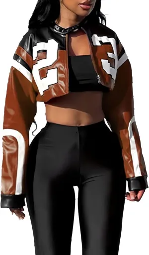 Women's Faux Leather Cropped Motorcycle Jacket Y2K Letter Bomber Jacket Streetwear Style