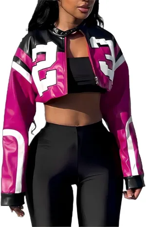 Women's Faux Leather Cropped Motorcycle Jacket Y2K Letter Bomber Jacket Streetwear Style