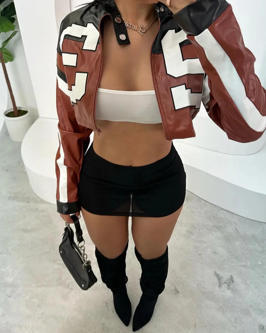 Women's Faux Leather Cropped Motorcycle Jacket Y2K Letter Bomber Jacket Streetwear Style