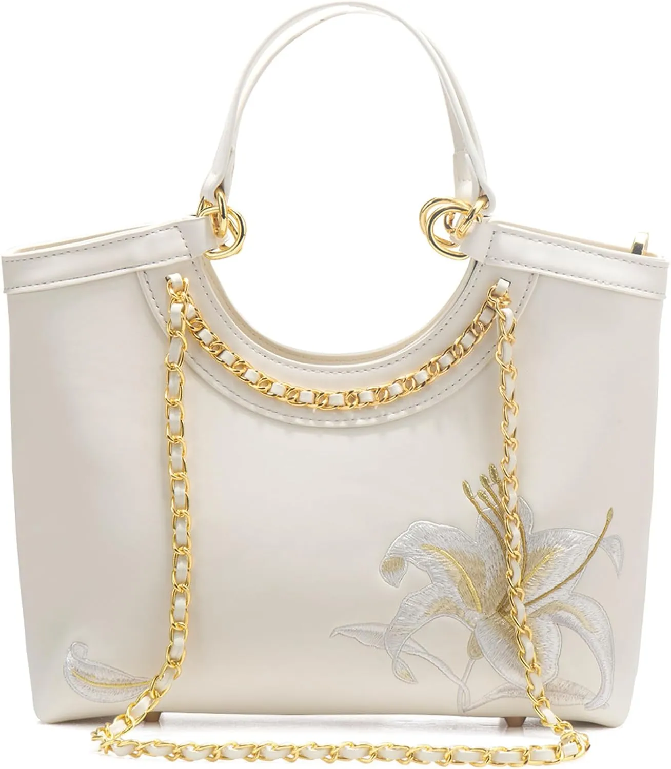 Women's Flower Embroidery Top Handle Satchel Bag PU Leather Elegant Crossbody Chain Strap Shoulder Bag Handbag Puesebag1658OWOISS
