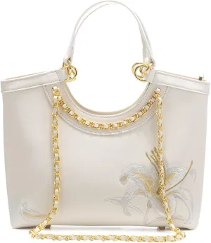 Women's Flower Embroidery Top Handle Satchel Bag PU Leather Elegant Crossbody Chain Strap Shoulder Bag Handbag Puesebag1658OWOISS