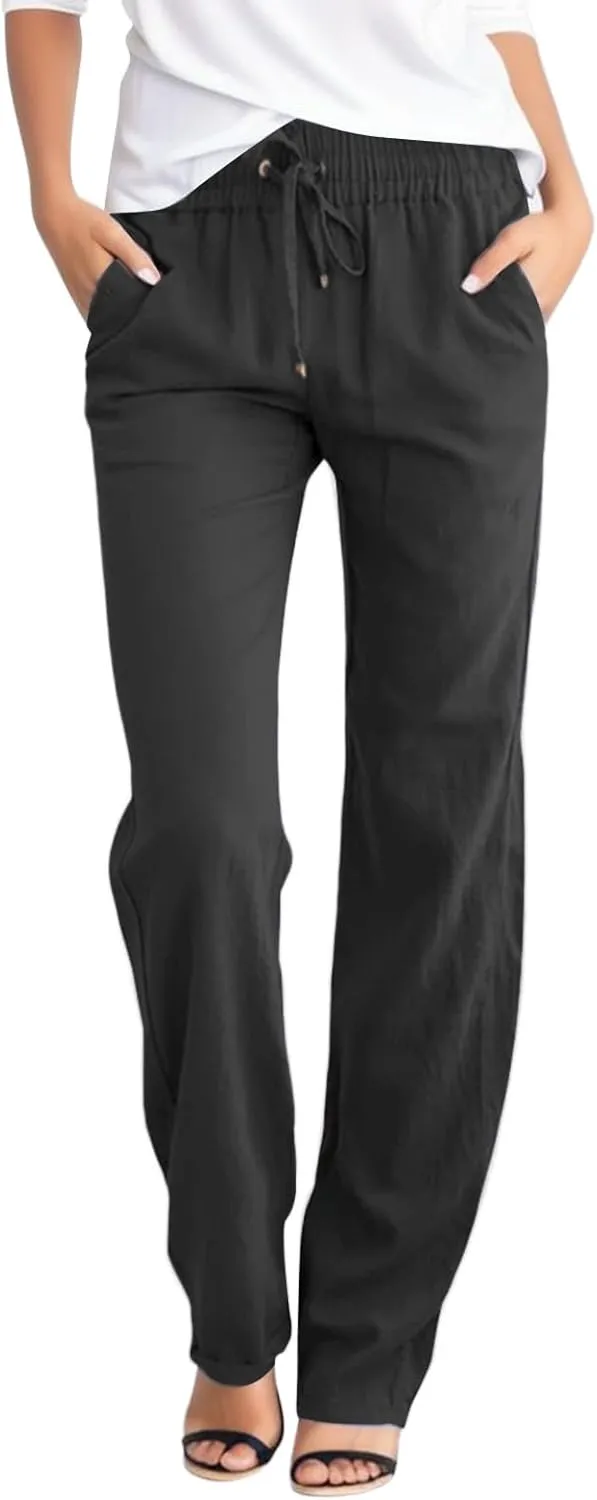 Women's High Waist Wide Leg Casual Pants,Comfortable Linen Loose Fit Cotton Trousers Lounge and Office Pants