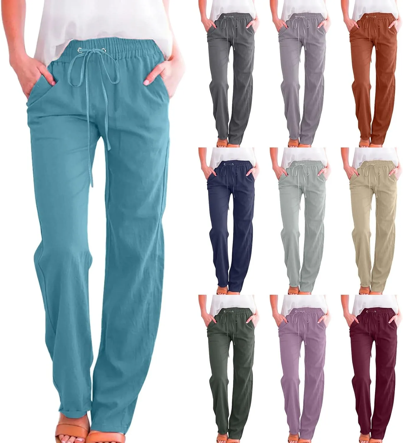 Women's High Waist Wide Leg Casual Pants,Comfortable Linen Loose Fit Cotton Trousers Lounge and Office Pants