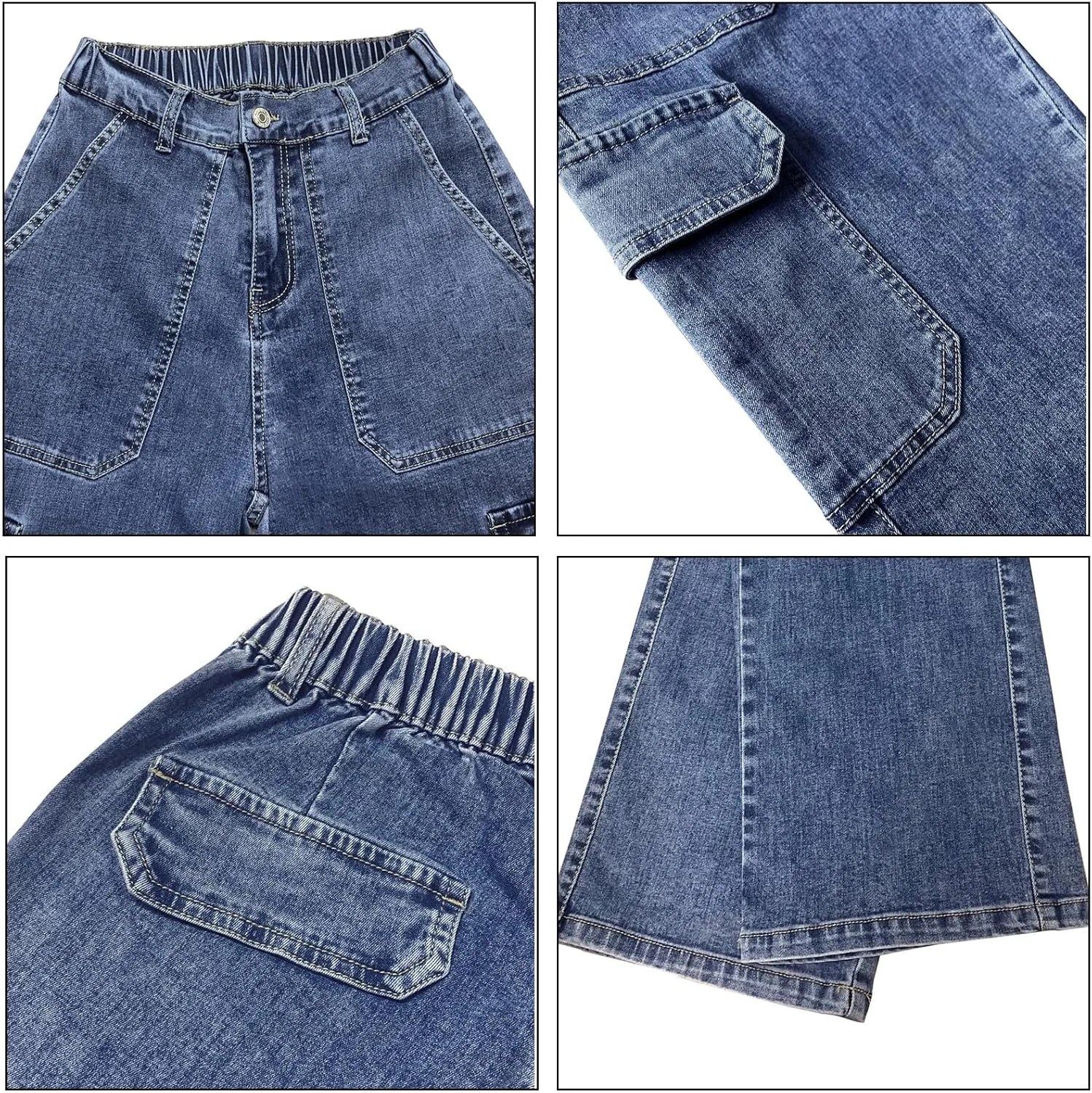 Women's High Waisted Cargo Jeans Stretch Wide Leg Denim Pants Trendy