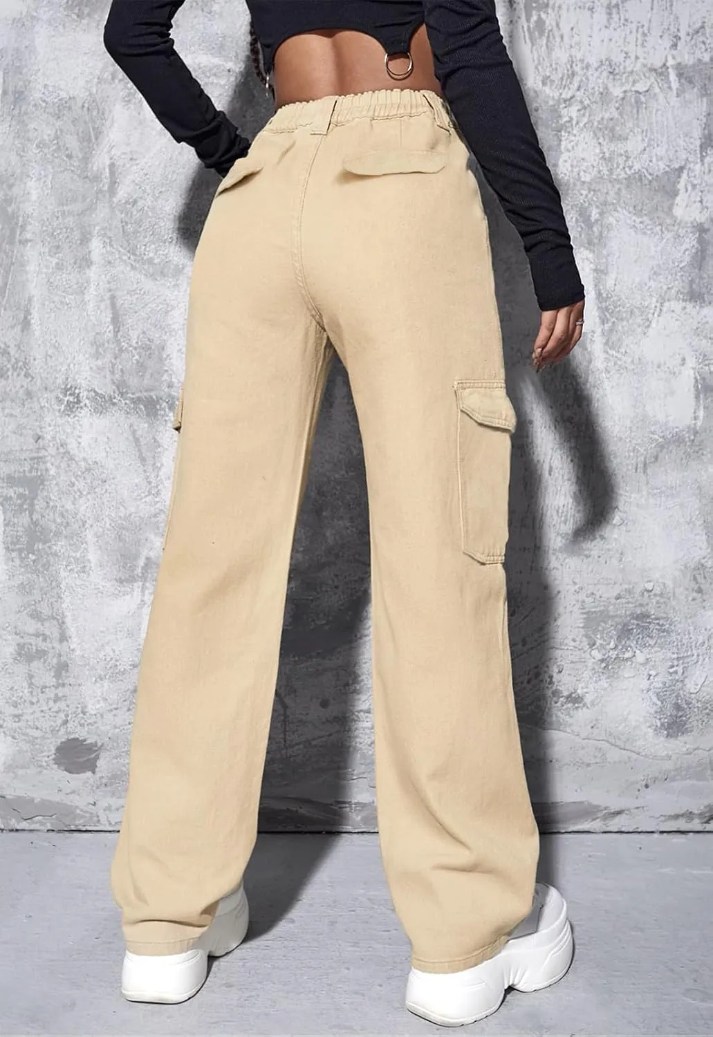 Women's High Waisted Cargo Jeans Stretch Wide Leg Denim Pants Trendy