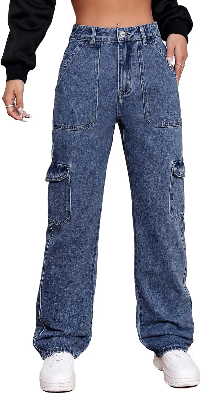 Women's High Waisted Cargo Jeans Stretch Wide Leg Denim Pants Trendy