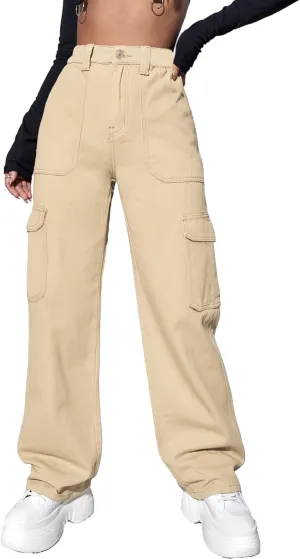 Women's High Waisted Cargo Jeans Stretch Wide Leg Denim Pants Trendy