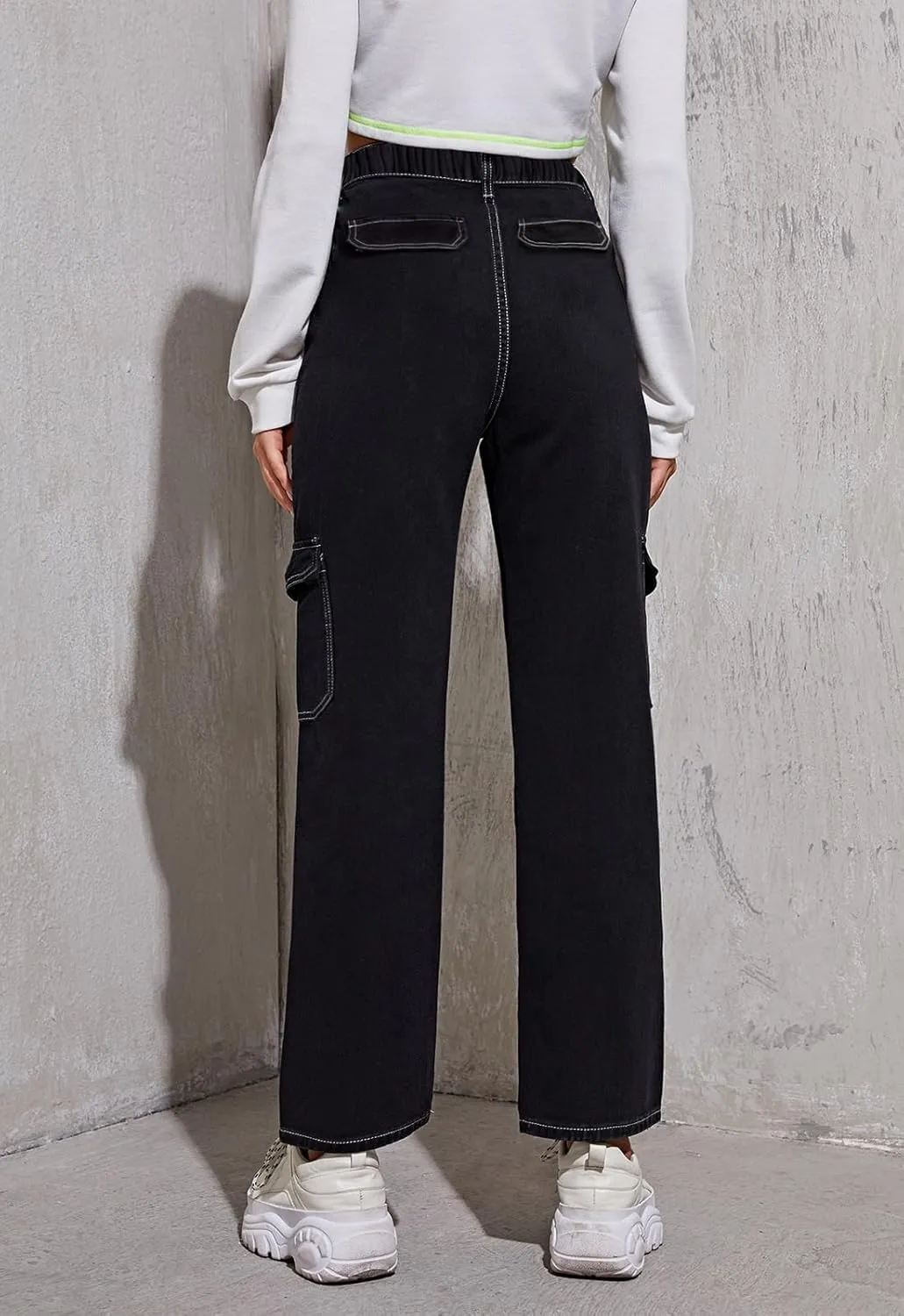 Women's High Waisted Cargo Jeans Stretch Wide Leg Denim Pants Trendy