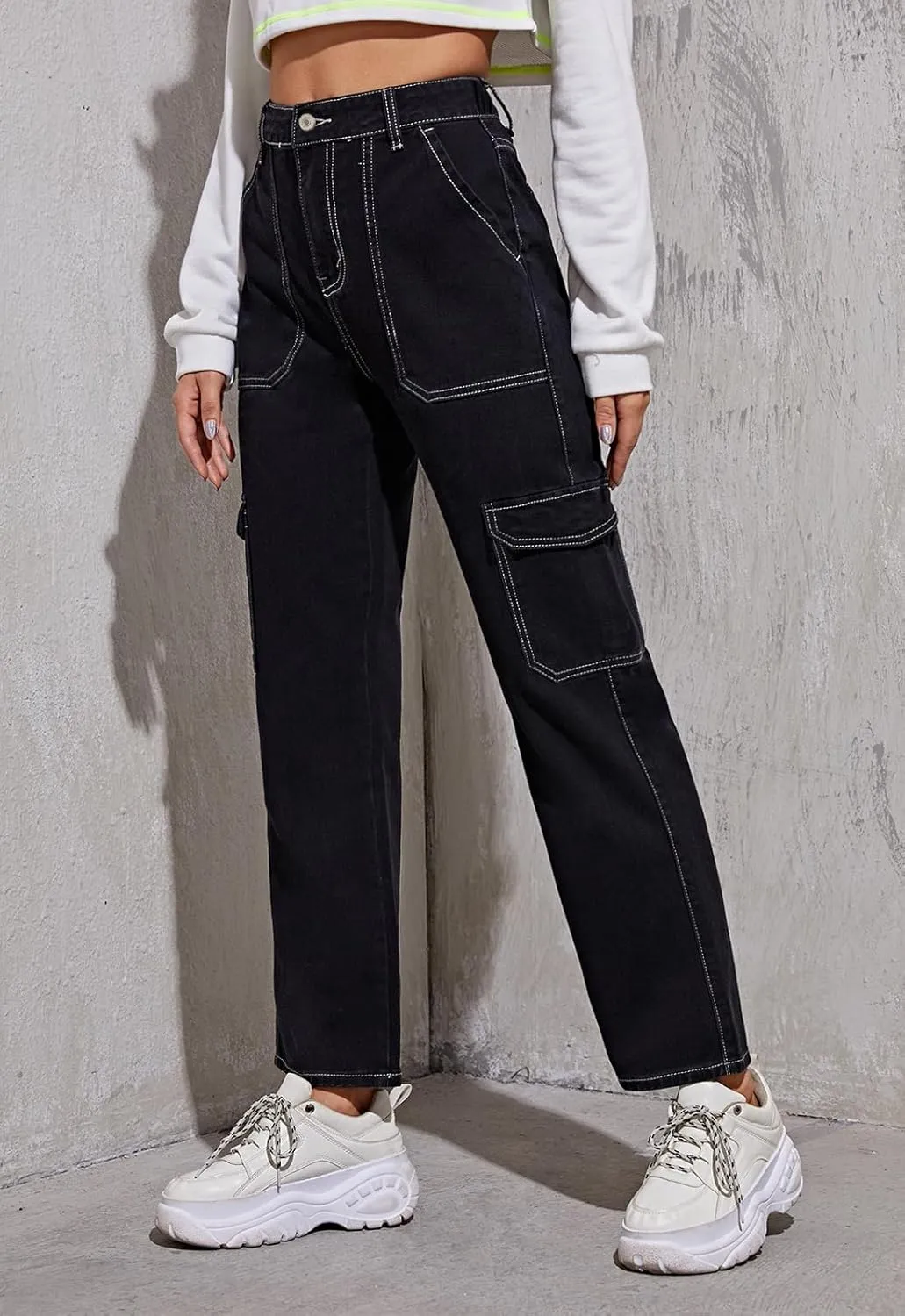 Women's High Waisted Cargo Jeans Stretch Wide Leg Denim Pants Trendy