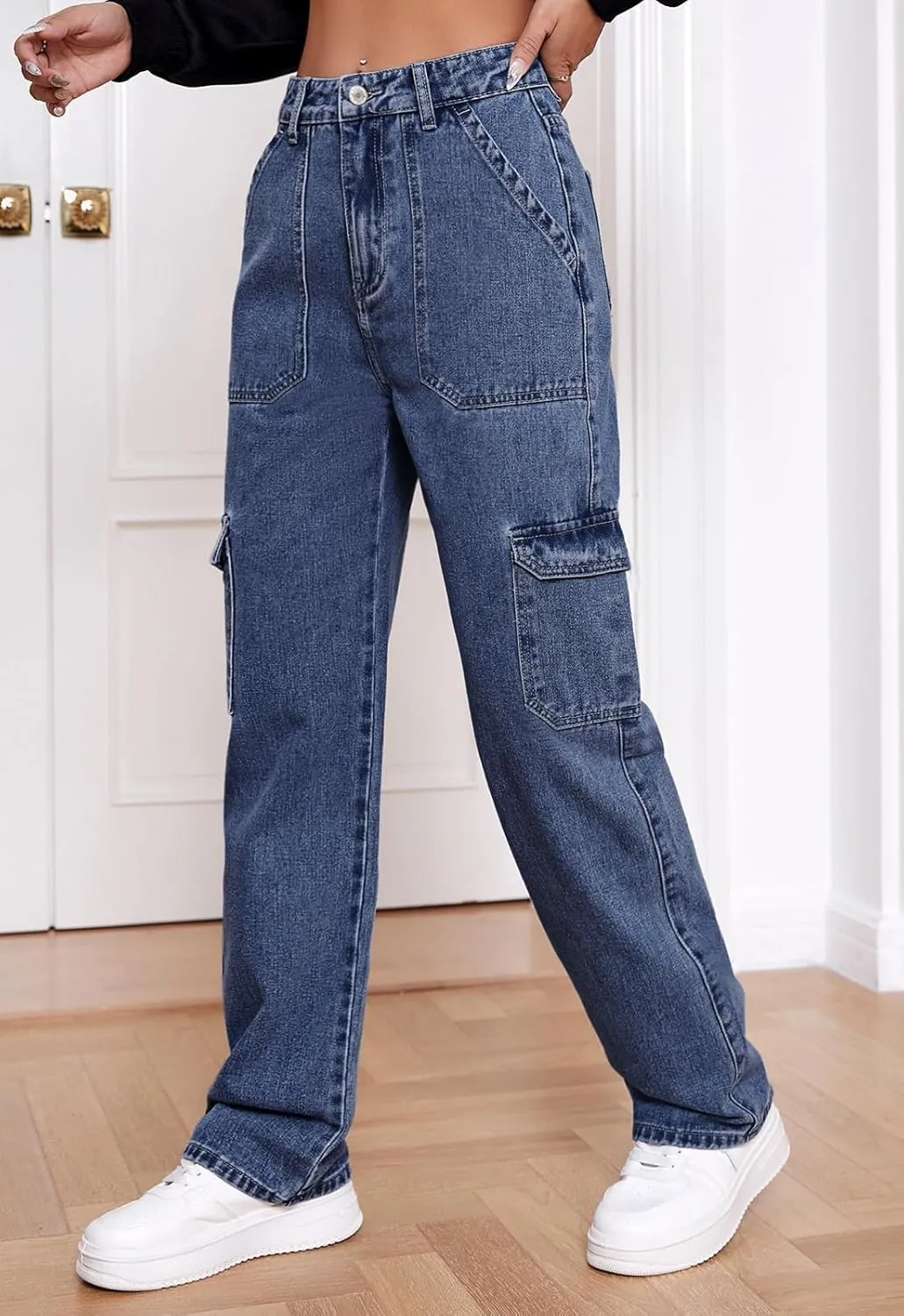 Women's High Waisted Cargo Jeans Stretch Wide Leg Denim Pants Trendy