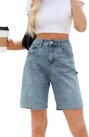 Women's High Waisted Stretchy Bermuda Denim Shorts - Trendy Casual Loose Fit