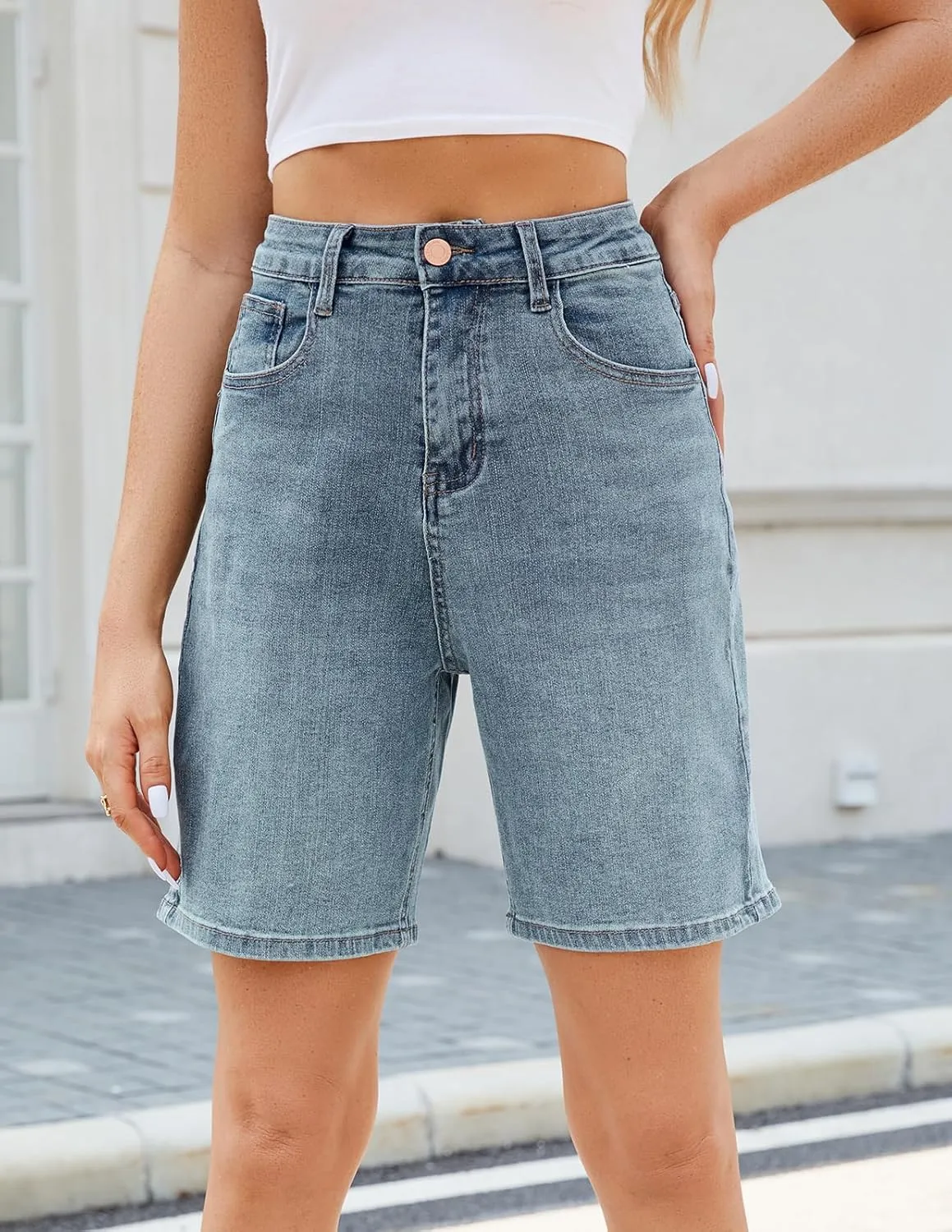 Women's High Waisted Stretchy Bermuda Denim Shorts - Trendy Casual Loose Fit