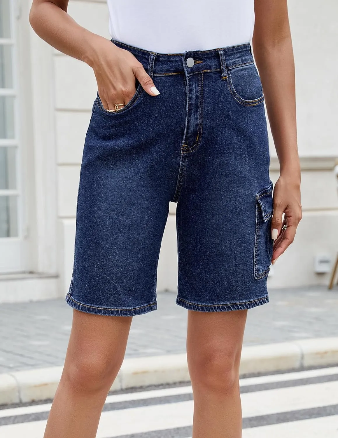 Women's High Waisted Stretchy Bermuda Denim Shorts - Trendy Casual Loose Fit