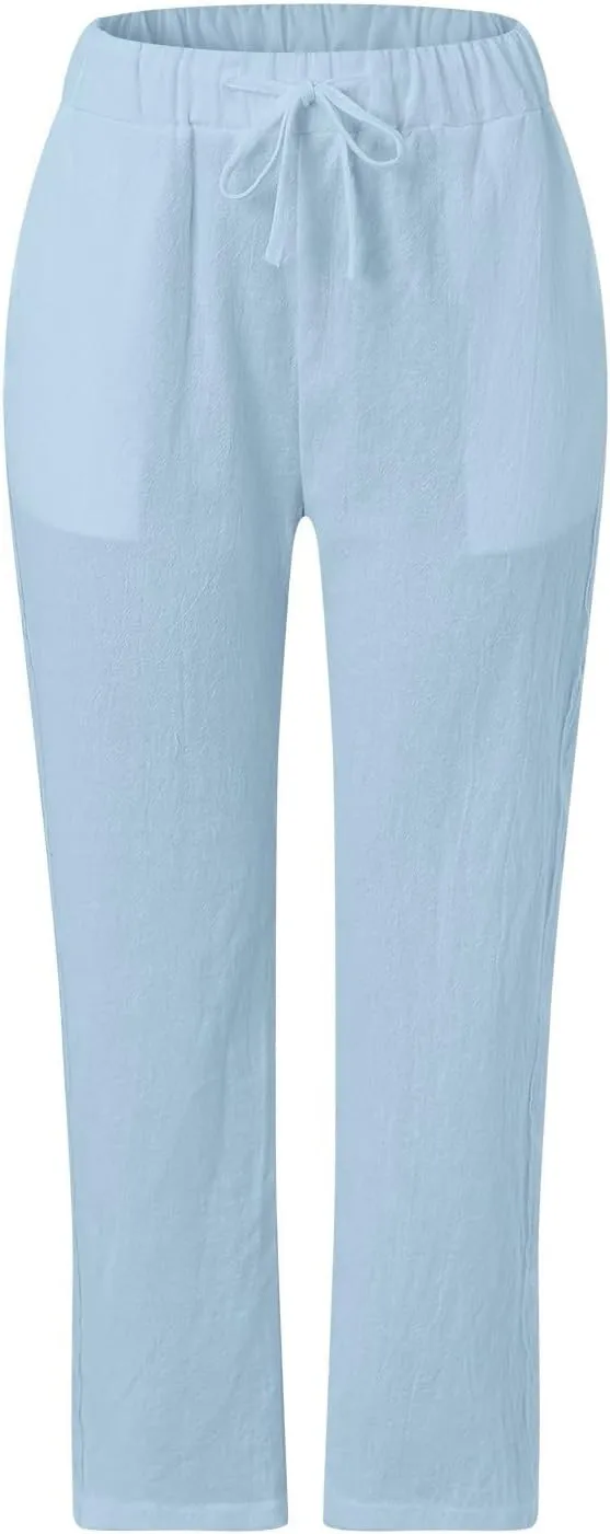 Womens Linen Summer Trendy Pants High Waist Straight Slim Fit Pants Beach