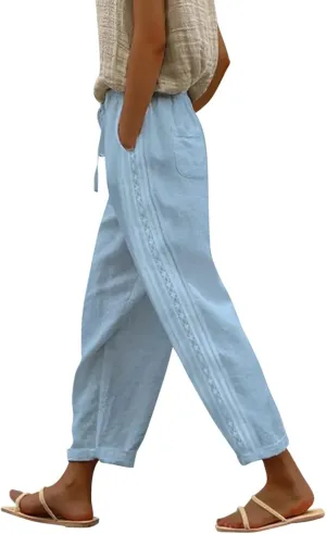 Womens Linen Summer Trendy Pants High Waist Straight Slim Fit Pants Beach