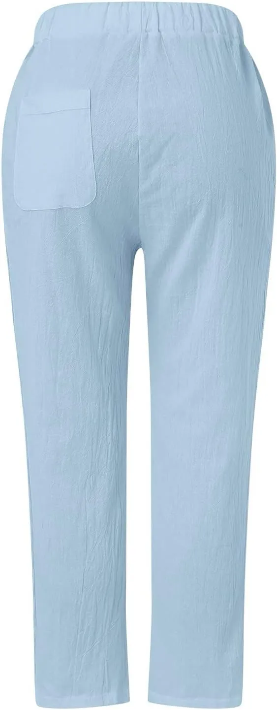 Womens Linen Summer Trendy Pants High Waist Straight Slim Fit Pants Beach