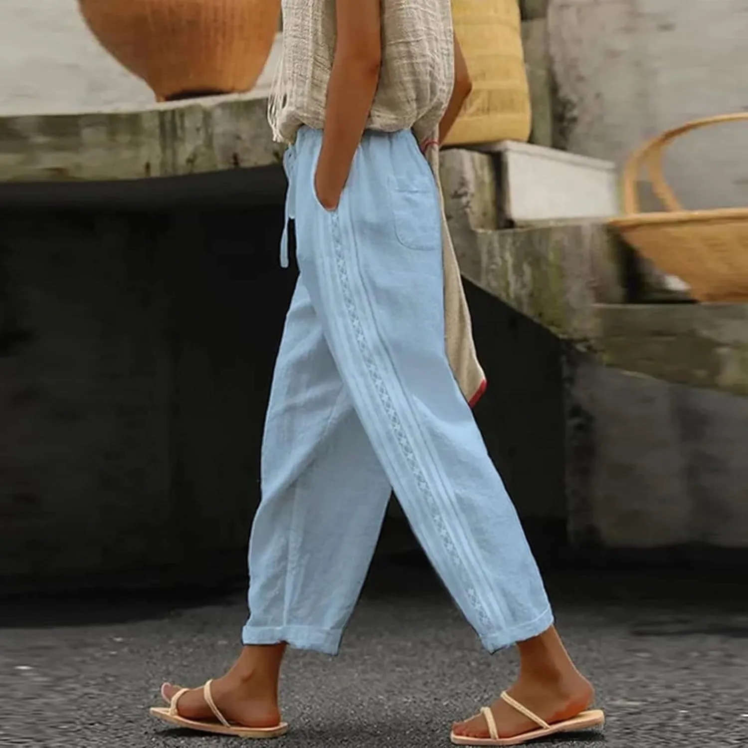 Womens Linen Summer Trendy Pants High Waist Straight Slim Fit Pants Beach