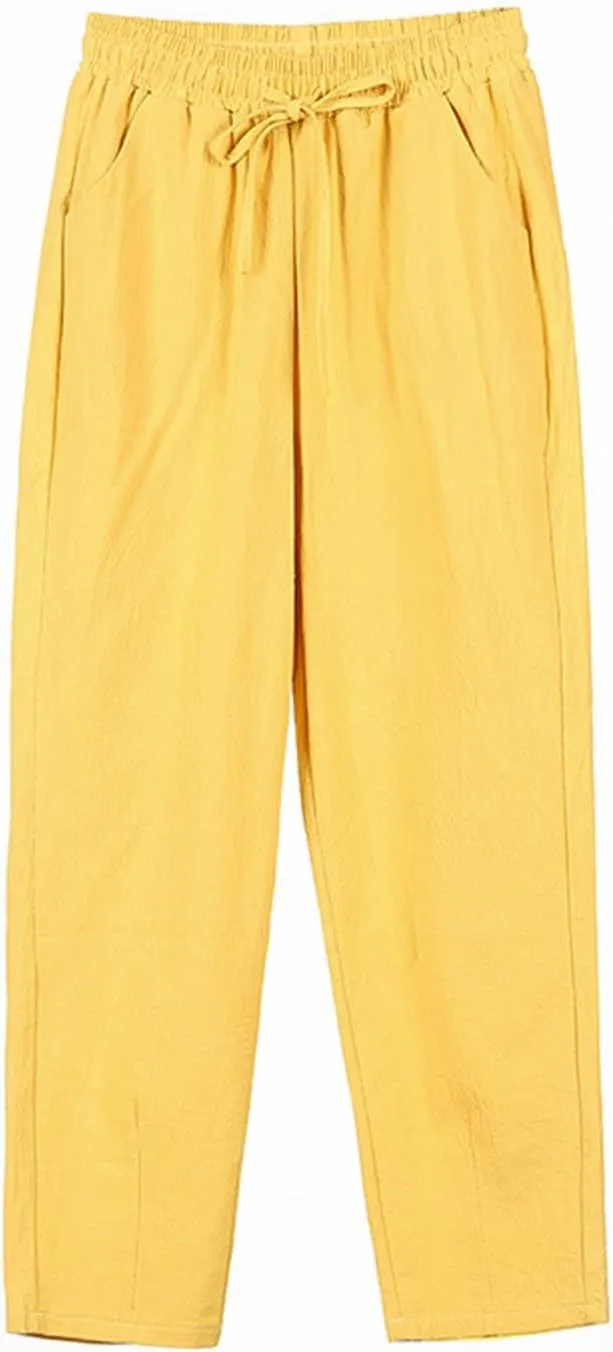 Women's Pants, Breathable Linen Casual Pants Straight Leg Peasant Trendy Cotton Drawstring