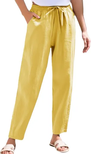Women's Pants, Breathable Linen Casual Pants Straight Leg Peasant Trendy Cotton Drawstring
