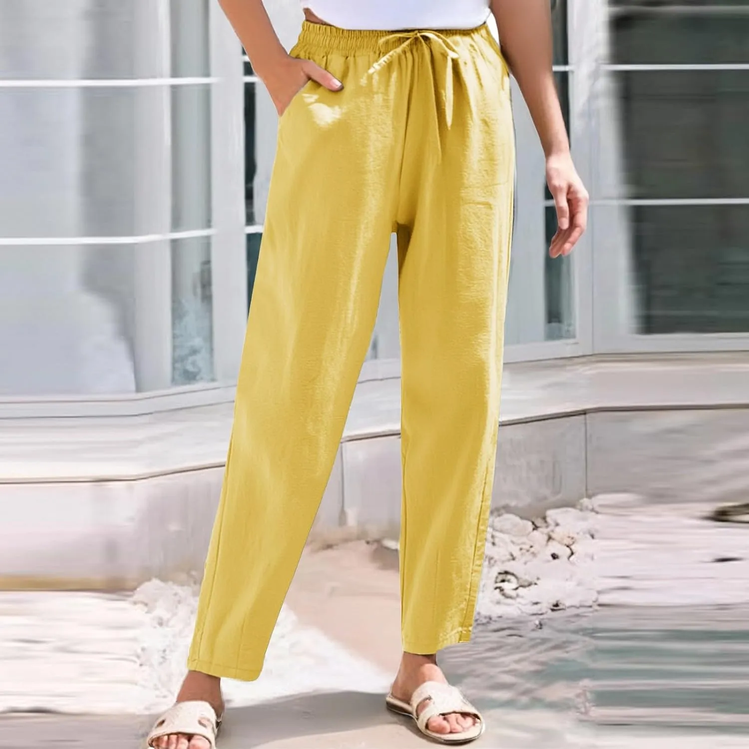 Women's Pants, Breathable Linen Casual Pants Straight Leg Peasant Trendy Cotton Drawstring