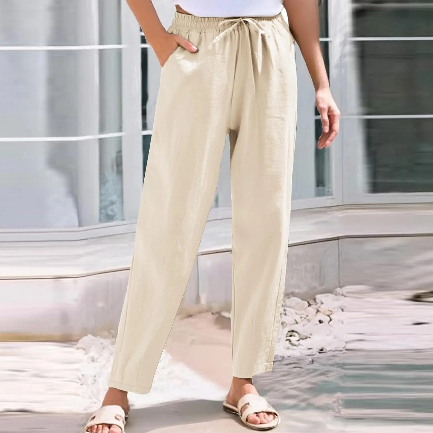 Women's Pants, Linen Casual Pants Straight Leg Peasant Women Trendy Teacher Wide