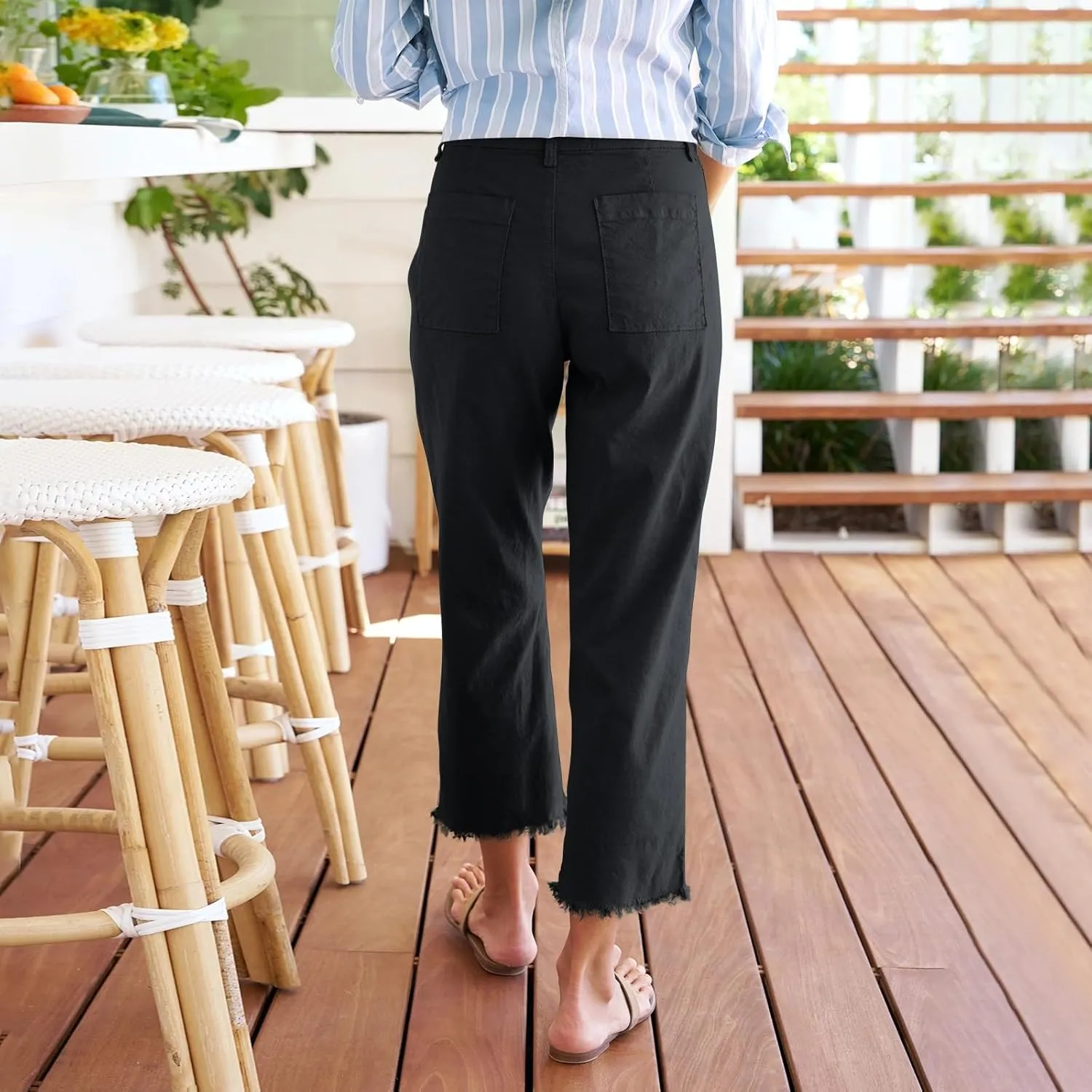 Women's Pants, Trendy Casual Linen Straight Leg Peasant Pants 2025 Flwoy Stretchy